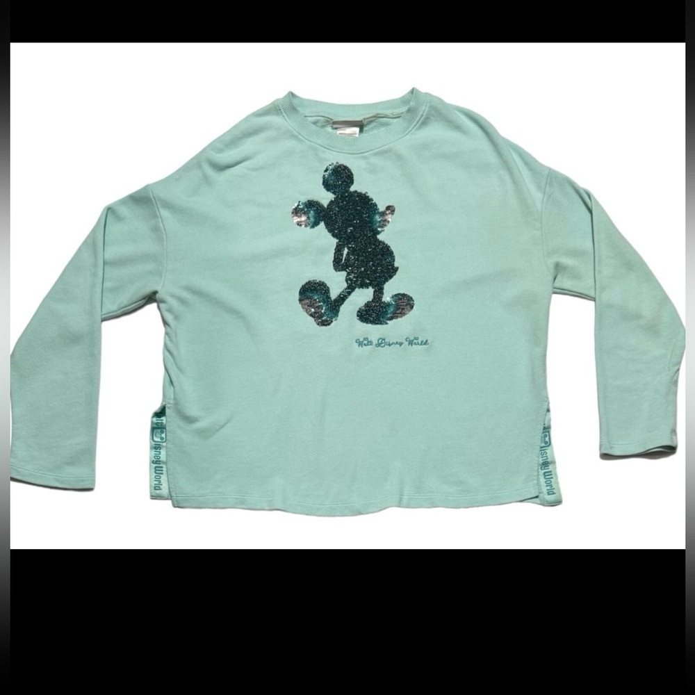 Disney Parks Arendelle Aqua Mickey Mouse Reversible Sequin Sweatshirt Size Small